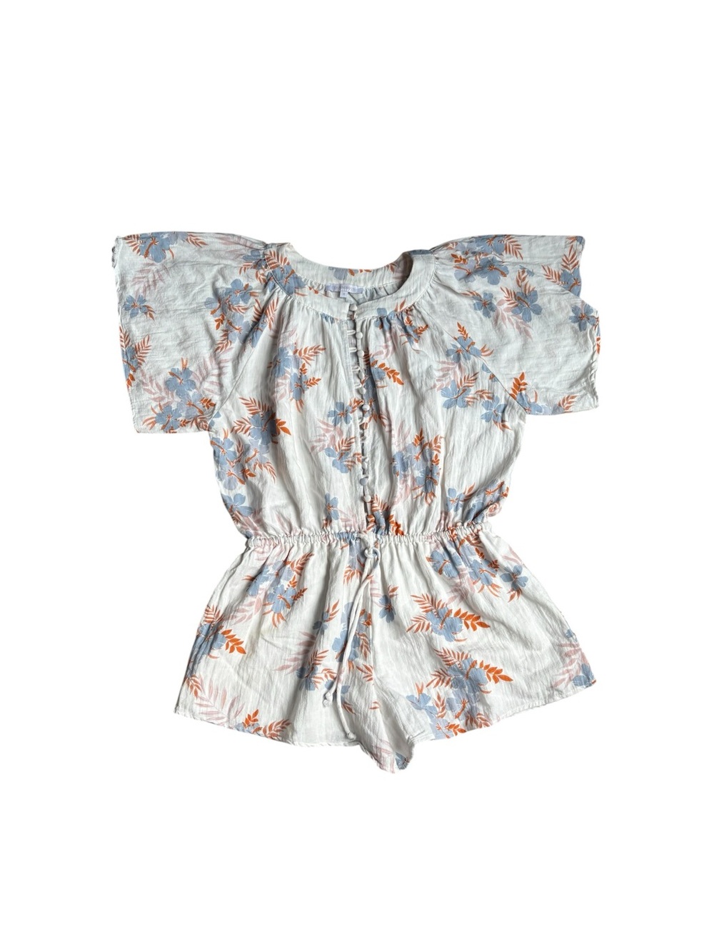 Olivaceous White Romper with Blue and Orange Leaf Print